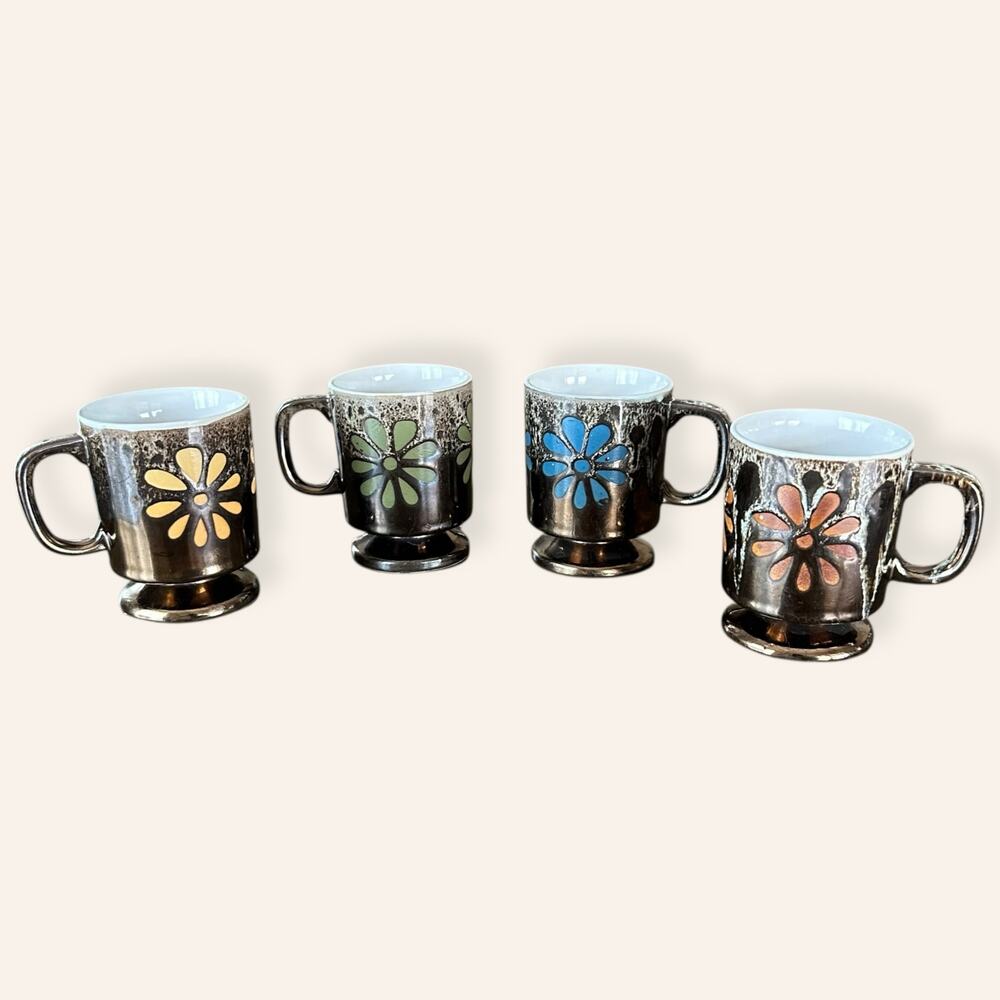 Set of 4 Vintage 1970s Metallic Brown Floral Mugs – Retro Pedestal Coffee Cups